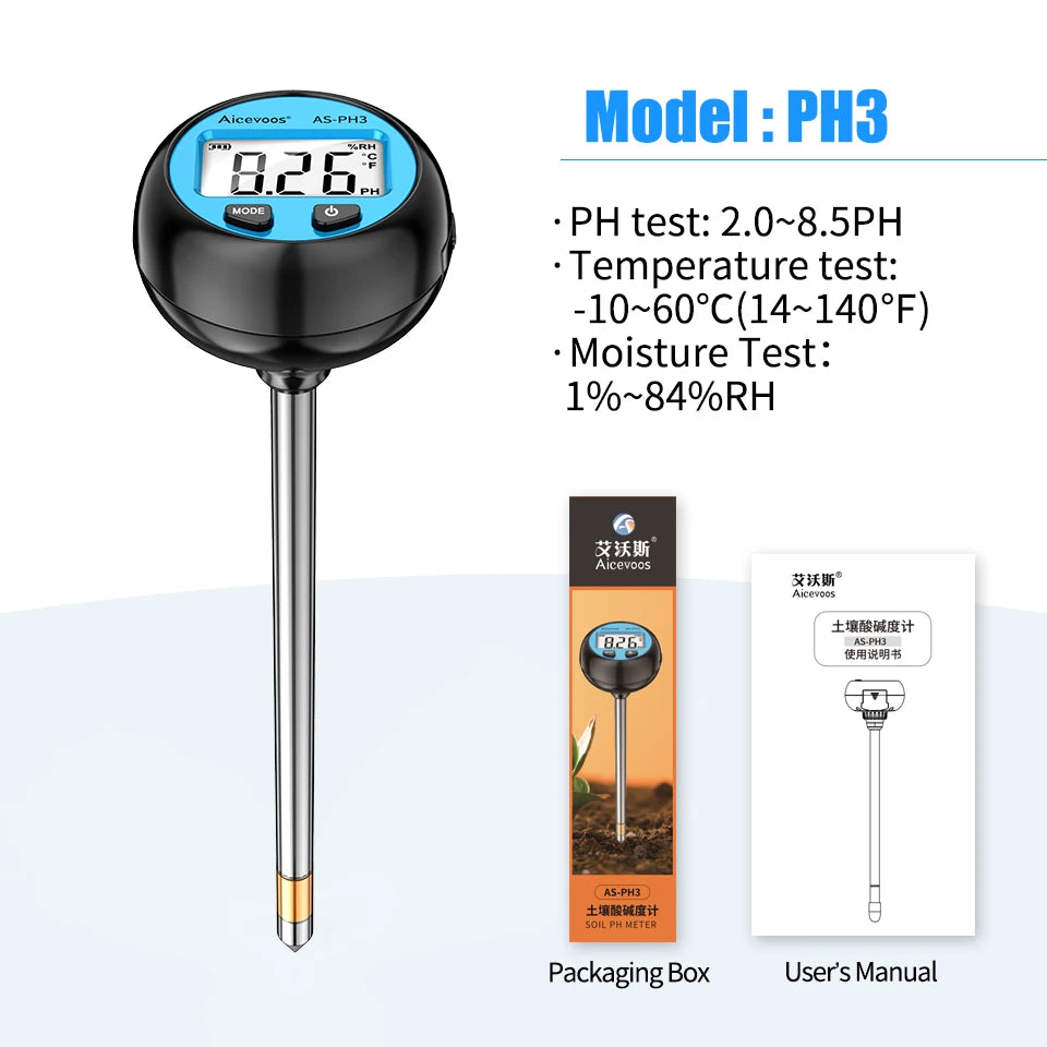 Aicevoos Digital 3 in 1 Soil Ph Meter Temperature Moisture Monitor Ph Acidity Tester Gardening Farming Soil