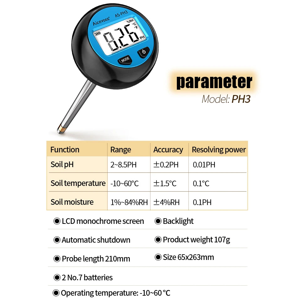 Aicevoos Digital 3 in 1 Soil Ph Meter Temperature Moisture Monitor Ph Acidity Tester Gardening Farming Soil