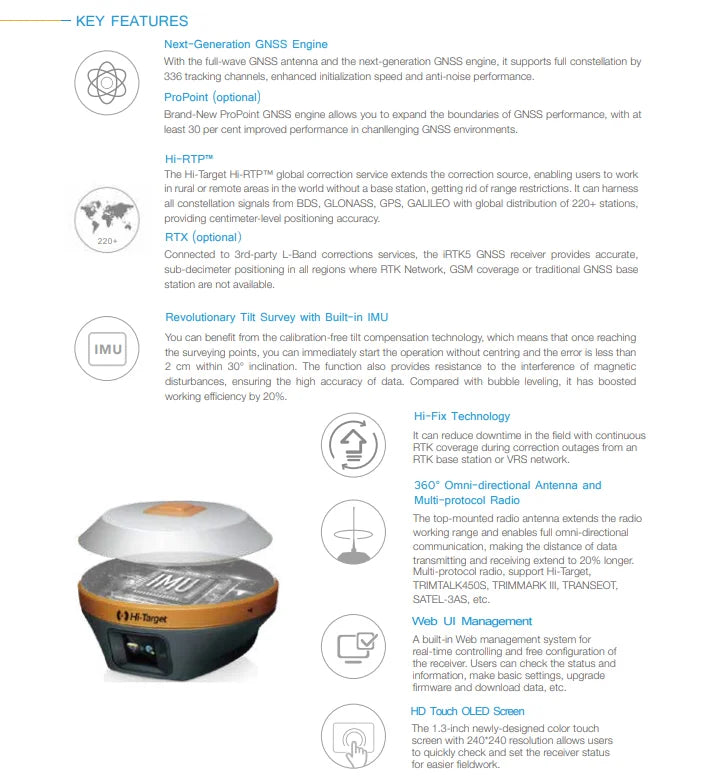 Hi-target high-quality scalable iRTK5 IMU GNSS receiver with revolutionary tilt survey