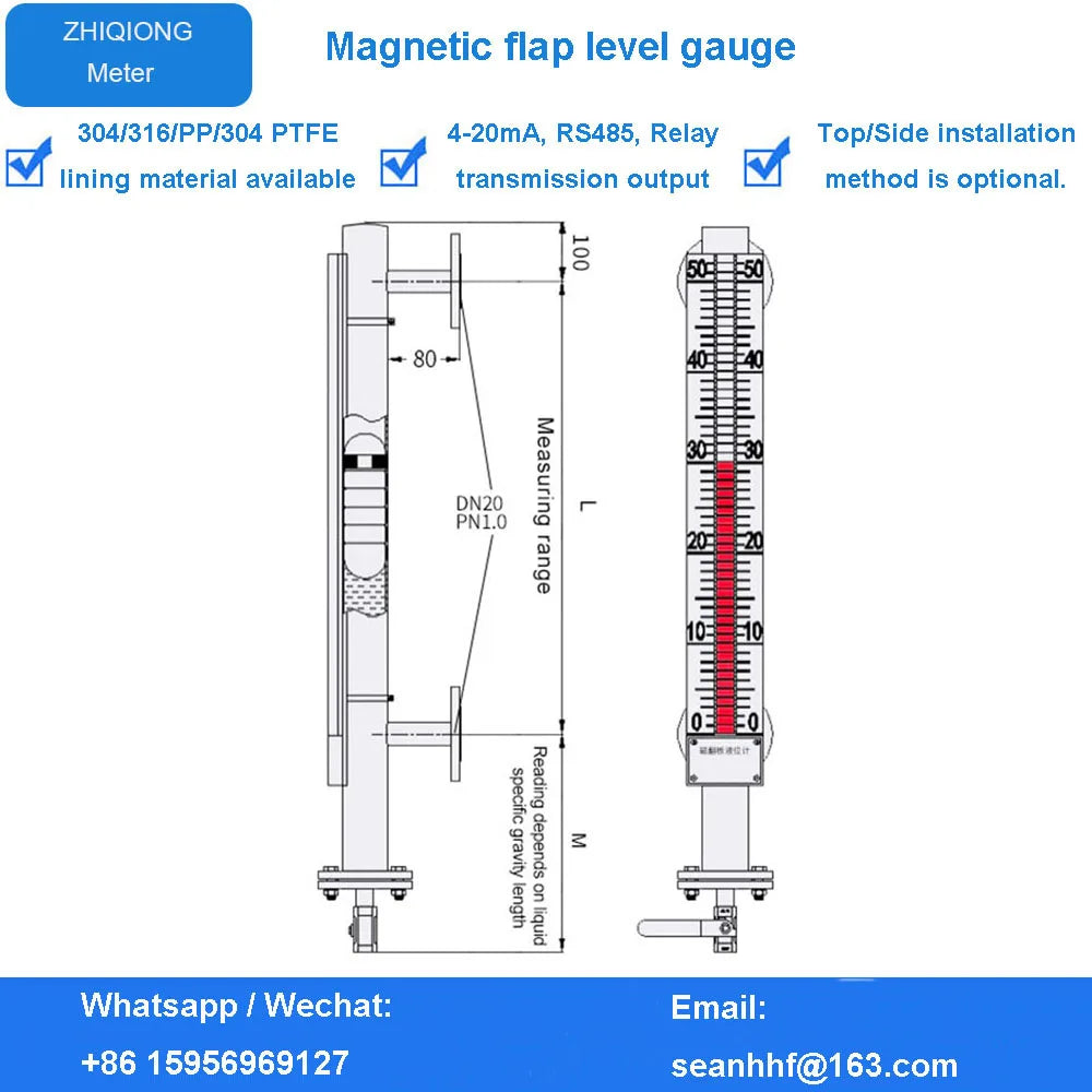 PP magnetic flap level meter stainless steel anti-corrosion magnetic flap remote transmission magnetic flap level meter